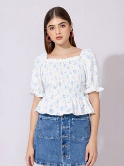 SHOWOFF - Women Floral Print Blue Smocked Peplum Crop Top
