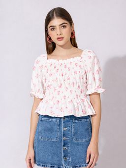 SHOWOFF - Women Floral Print Pink White Smocked Peplum Crop Top