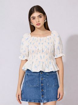 SHOWOFF - Women Floral Print Blue Smocked Peplum Crop Top