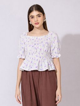 SHOWOFFFF - Women Floral Print Purple Smocked Peplum Crop Top
