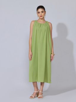 SHOWOFF - Women Green Cotton Solid A-Line Midi Dress