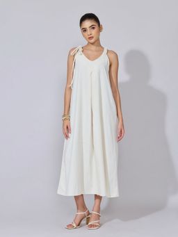 SHOWOFF - Women Off White Nylon Solid Flared Midi Dress with Waist Tie Up