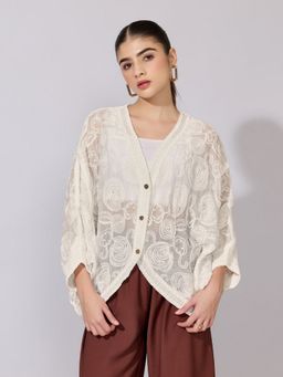 SHOWOFF - Women Embroidered Cream Open Front Sheer Top