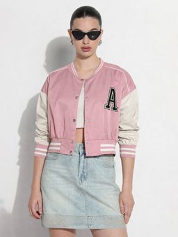 SHOWOFFFF - Women Typography Pink Mandarin Collar Varsity Jacket