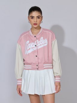 SHOWOFFFF - Women Typography Pink Varsity Jacket