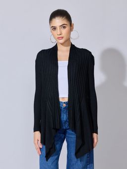 SHOWOFF - Women Ribbed Black Open Front Asymmetric Hem Shrug