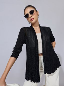 SHOWOFF - Women Ribbed Black Open Front Shimmer Shrug