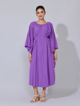 SHOWOFF - Women Purple Cotton Solid Kaftan Midi Dress with Fabric Belt