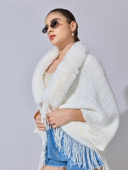 SHOWOFF - Women Knit White Faux Fur Collar Poncho with Fringe Hem