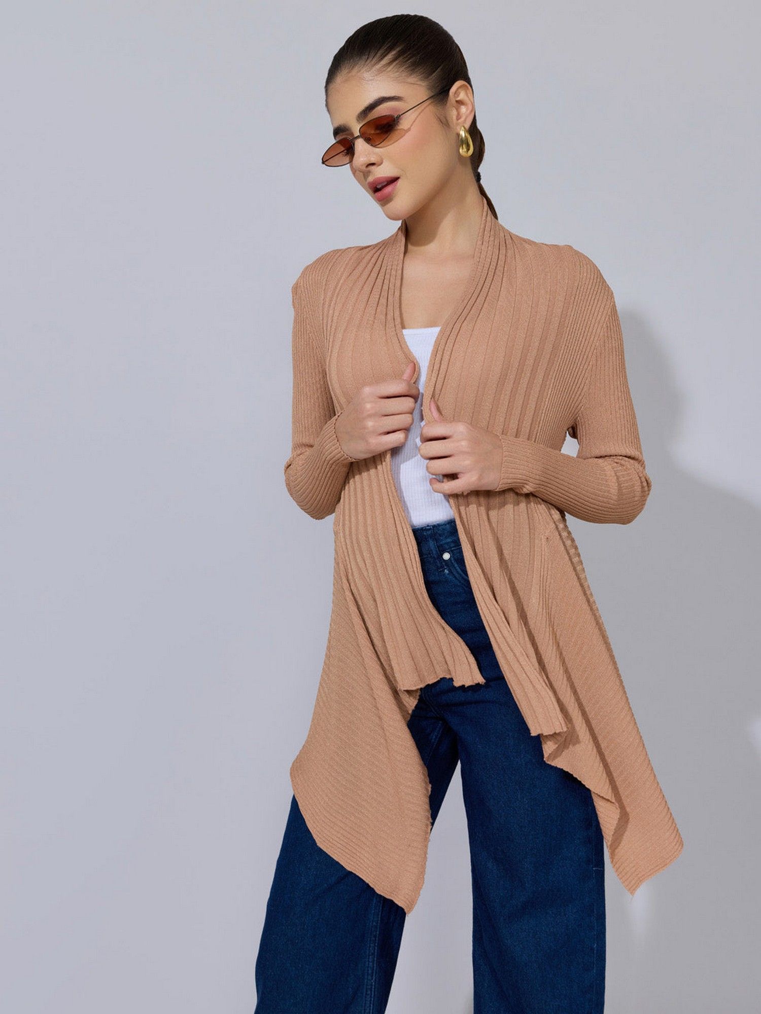 showoffff Women Ribbed Beige Open Front Shrug-picture-42