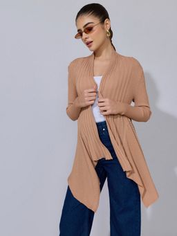SHOWOFFFF - Women Ribbed Beige Open Front Shrug