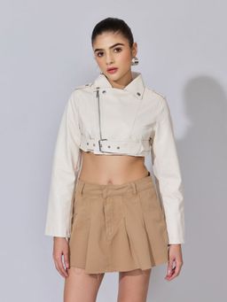 SHOWOFFFF - Women Cream Faux Leather Cropped Jacket