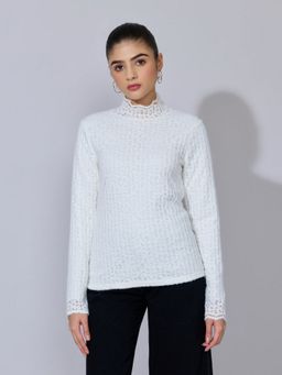 SHOWOFF - Women Floral Textured White Lace High-Neck Top