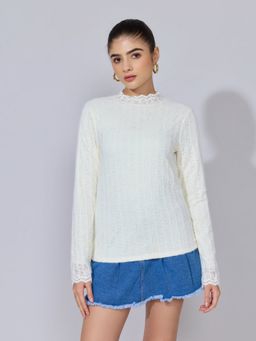 SHOWOFF - Women Floral Textured Off White Lace High-Neck Top