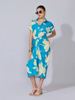 SHOWOFF - Women Blue Cotton Blend Floral Shirt Midi Dress