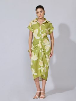 SHOWOFF - Women Green Cotton Blend Floral Shirt Midi Dress