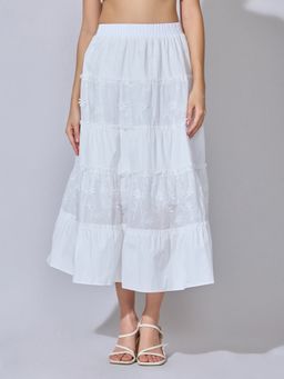 SHOWOFF - Women White Cotton Embroidered Midi Skirt