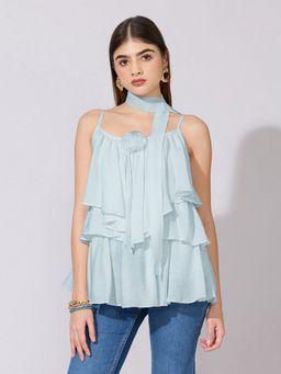 SHOWOFFFF - Women Blue Layered Ruffle Top with Scarf Tie