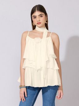 SHOWOFF - Women Cream Layered Ruffle Top with Scarf Tie