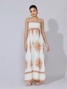 SHOWOFF - Women Beige Cotton Blend Abstract Flared Maxi Dress