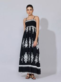 SHOWOFF - Women Black Cotton Blend Abstract Flared Maxi Dress