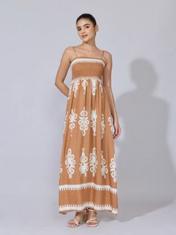 SHOWOFF - Women Brown Cotton Blend Abstract Flared Maxi Dress