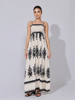 SHOWOFF - Women Cream Cotton Blend Abstract Flared Maxi Dress