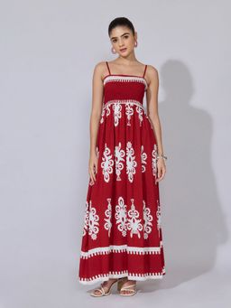 SHOWOFF - Women Maroon Cotton Blend Abstract Flared Maxi Dress