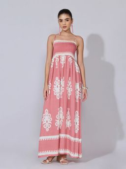 SHOWOFF - Women Pink Cotton Blend Abstract Flared Maxi Dress