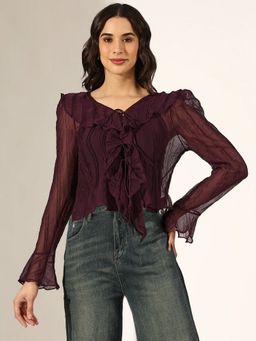 SHOWOFF - Women Textured Purple Ruffled Top with Front Tie-Up