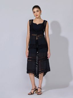 SHOWOFF - Women Crochet Black Sleeveless Longline Tie-Up Shrug