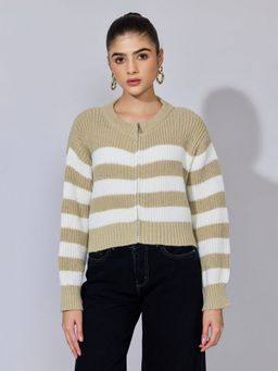 SHOWOFFFF - Women Striped Olive Knit Zip-Up Crop Top