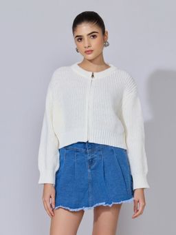 SHOWOFF - Women Cream Knit Zip-Up Crop Top