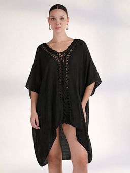 SHOWOFF - Women Black Cotton Solid Kaftan Mini Dress