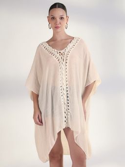 SHOWOFF - Women Cream Cotton Solid Kaftan Mini Dress