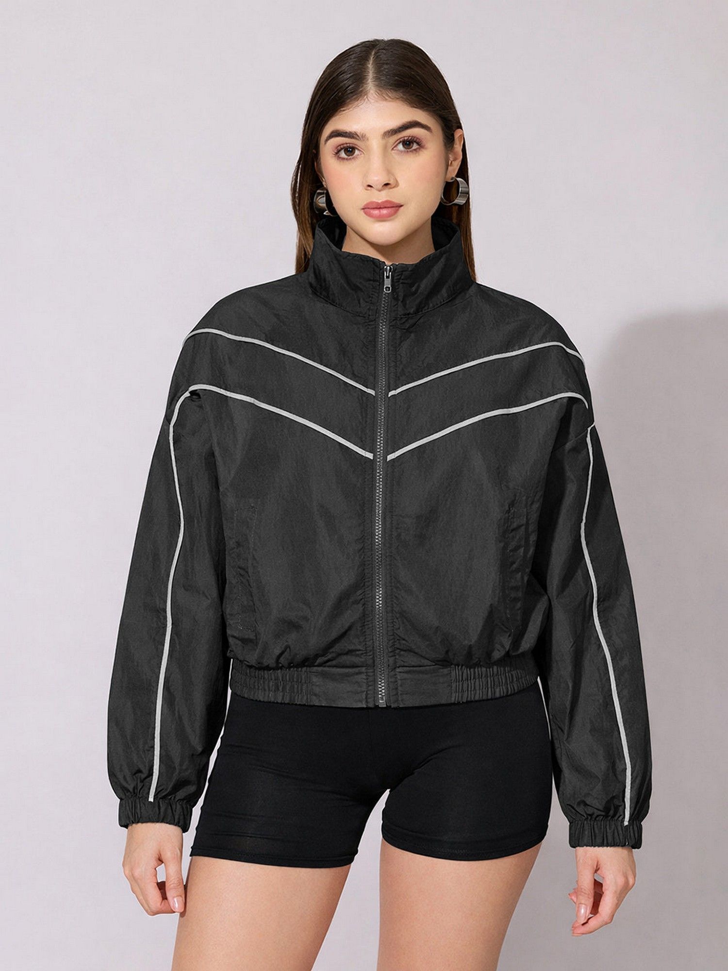 showoffff Women Black Contrast Trim Zip-Up Jacket-picture-43