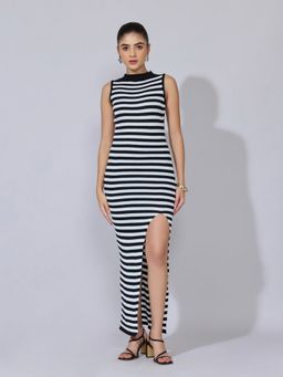 SHOWOFF - Women Black Acrylic Stripes Bodycon Maxi Dress