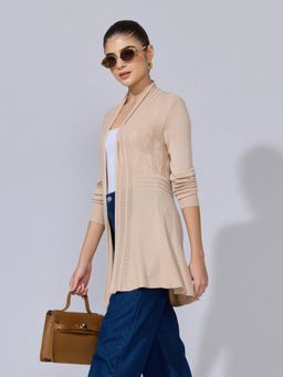 SHOWOFF - Women Ribbed Beige Longline Open Front Shrug