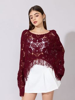 SHOWOFF - Women Crochet Maroon Crop Top with Fringe Hem