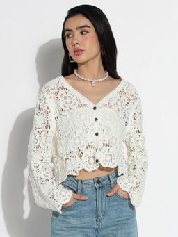 SHOWOFF - Women Crochet Floral White Button-Down Crop Top