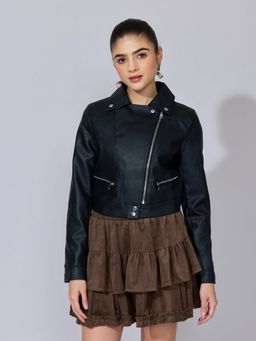 SHOWOFF - Women Black Faux Leather Biker Asymmetric Zip Jacket