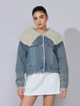 SHOWOFFFF - Women Blue Denim Shearling Collar Jacket