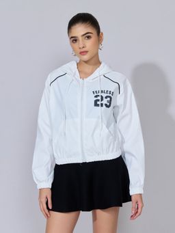 SHOWOFFFF - Women Printed White Black Hooded Zip-Up Jacket