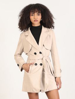 SHOWOFF - Women Cream Double Breasted Trench Coat with Belt