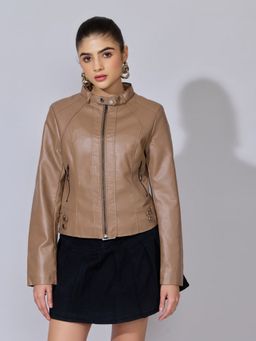 SHOWOFF - Women Brown Faux Leather Biker Jacket