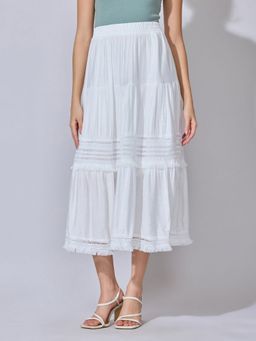 SHOWOFFFF - Women White Cotton Textured Midi Skirt