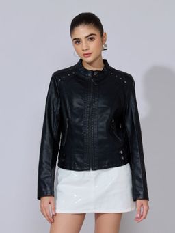 SHOWOFF - Women Black Faux Leather Studded Biker Jacket