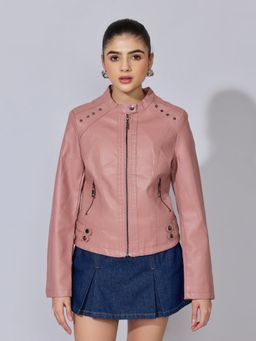 SHOWOFFFF - Women Pink Faux Leather Studded Biker Jacket