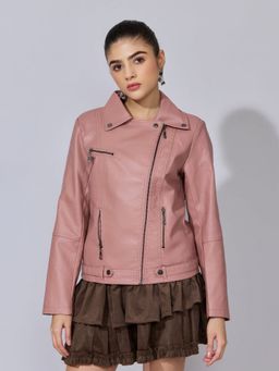 SHOWOFF - Women Pink Faux Leather Biker Asymmetric Zip Jacket