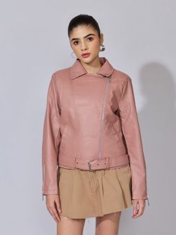 SHOWOFFFF - Women Pink Faux Leather Biker Asymmetric Zip Jacket